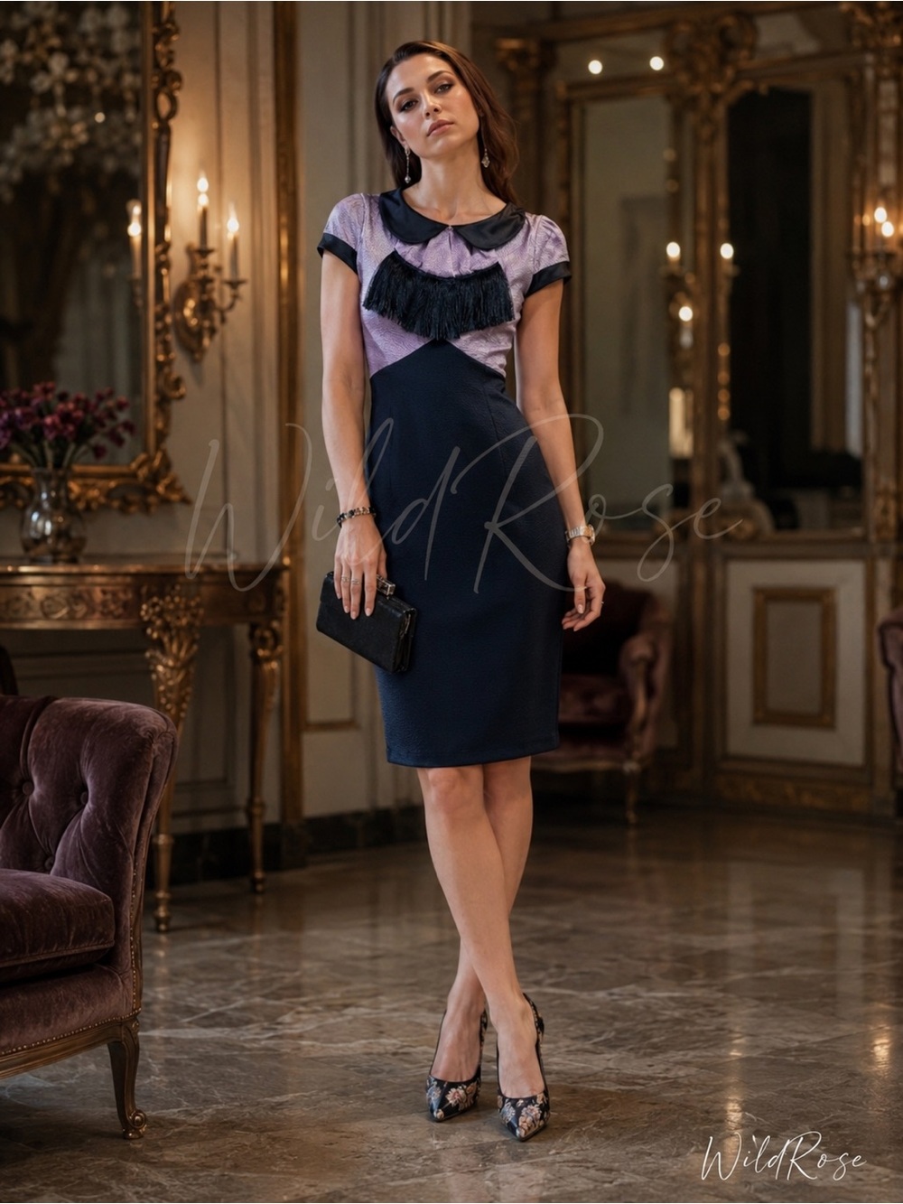 ZAC POSEN MARILYN DRESS - Lilac & Navy Blue Collared Fringe Silk Dress SZ 2